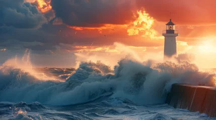 Rolgordijnen An isolated lighthouse standing tall against a tumultuous sea symbolizing the resilience and strength necessary to weather the unpredictable nature of solar storms. © Justlight
