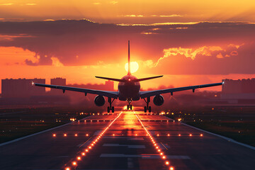 Airplane landing on runway with glowing sunset behind, creating a silhouette effect at twilight. Generative AI - obrazy, fototapety, plakaty