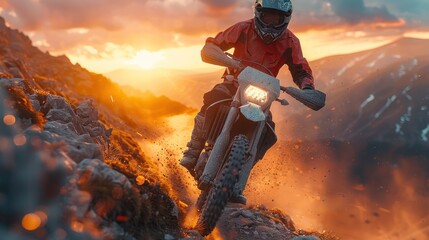 motorcyclist in full moto equipment riding crops enduro bike on mountain road at sunset.