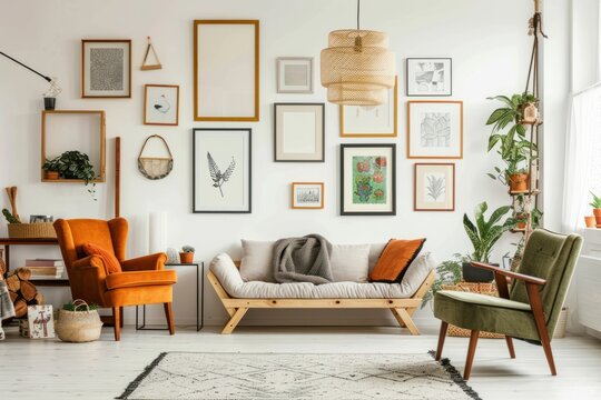 Living room with couch, chairs, wall filled with picture frames