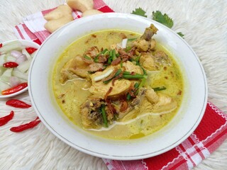 Gulai ayam or chicken curry served in a white bowl. A soupy dish made from chicken cooked with spices and coconut milk. Indonesian traditional cuisine.