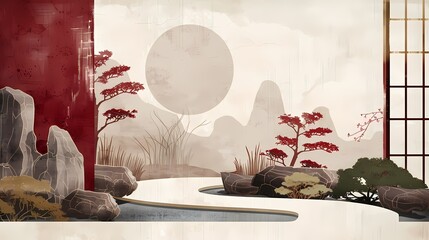 red and light beige minimalist mural of a zen garden illustration background poster