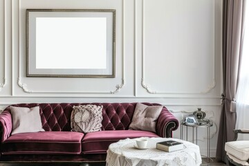 A rectangle purple picture frame hangs above the couch in the living room