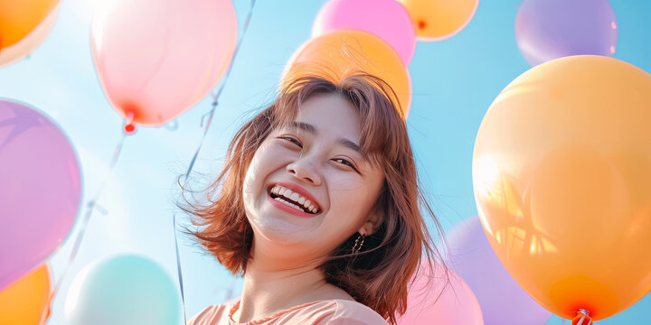 beautiful young Asian woman with shoulder-length brown hair smiles with colorful balloons, generative AI