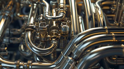 A detailed close-up of the intricate valves and slides on a French horn