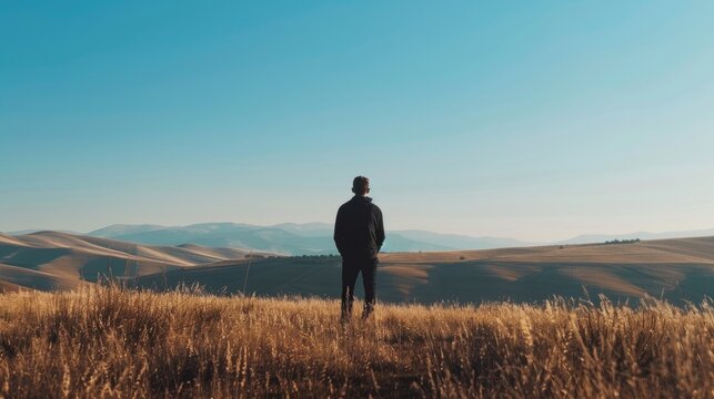 Against A Backdrop Of Rolling Hills And Clear Skies A Figure Stands With Back To The Camera Enjoying A Moment Of Solitude And . .