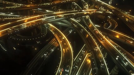 Fototapeta na wymiar A timelapse of vehicles moving through a highway interchange resembling a smoothly flowing river of metal and lights. The interchanges design showcases the fluidity of traffic