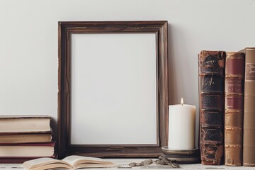 A wooden rectangle frame with books and a candle on a table