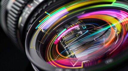 The zoom mechanism of a DSLR lens revealed in closeup demonstrating how it achieves colorful detailed imagery across focal lengths - obrazy, fototapety, plakaty