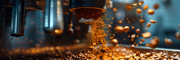 Close-up of freshly ground, fragrant coffee spilling out of a professional coffee grinder. Machine Pouring Coffee Beans. Freshly Ground Coffee realistic illustration for banner, poster.  - obrazy, fototapety, plakaty