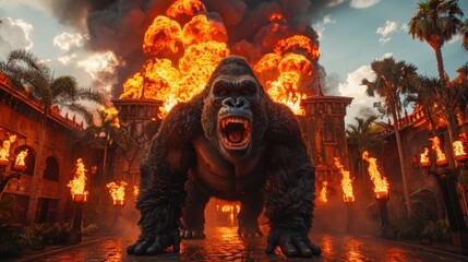 Entrance to The Kong Skull Island with a Gorilla face and burning torches at the Universal Studios
