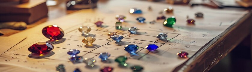 A craftsmans blueprint for a ring laid out in a lapidary workshop detailing the integration of shiny colorful gems - obrazy, fototapety, plakaty