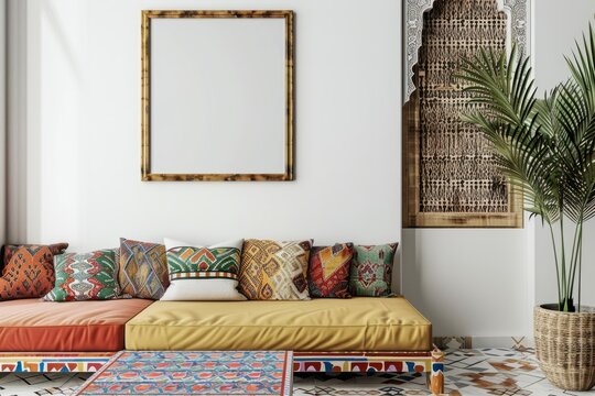 Interior design featuring a building couch, rectangle rug, and wood mirror