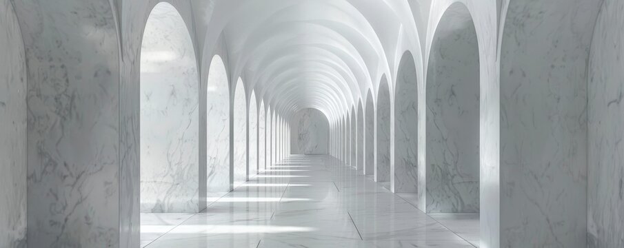 Cathedral crypt entrance clean white marble and minimalist walkway poles under arch