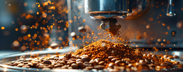 Close-up of freshly ground, fragrant coffee spilling out of a professional coffee grinder. Machine Pouring Coffee Beans. Freshly Ground Coffee realistic illustration for banner, poster.  - obrazy, fototapety, plakaty