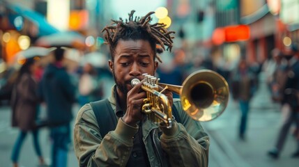 A portrait of a young musician playing a brass instrument on a busy street corner the passion and intensity evident on his face. The raw expression of his music and the surrounding