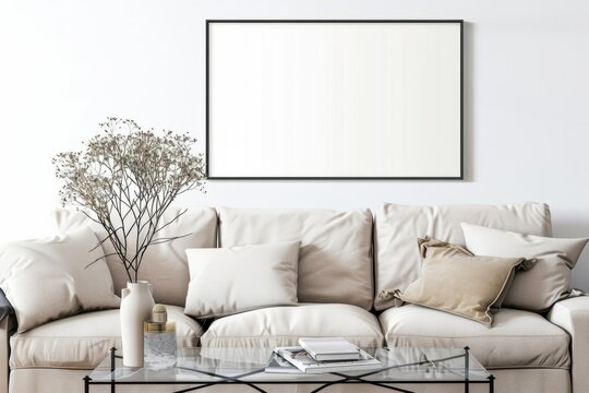 Grey couch, coffee table, picture frame in an interior design studio