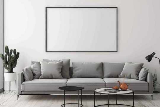 Interior design with white studio couch and picture frame in living room
