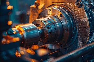 Close-up view of a working CNC machine lathe equipment. Generative Ai - obrazy, fototapety, plakaty