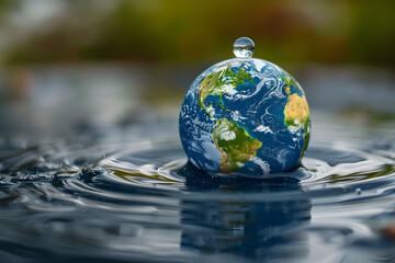 An image of the planet Earth in a droplet of water, symbolizing Earth Day and the importance of environmental conservation. - obrazy, fototapety, plakaty