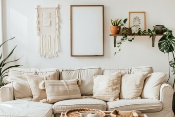 White couch and picture frame adorn living room wall