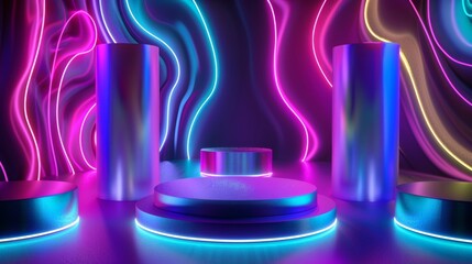 Get ready to shine under the neon lights in this dynamic podium background. Swirls of neon colors form a mesmerizing pattern while . . - obrazy, fototapety, plakaty