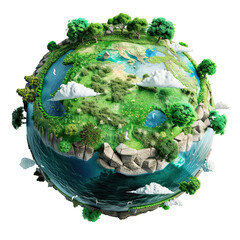 3d illustration of floating fantasy green grass island with plant earth, isolated on white background