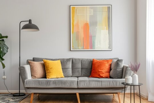 A painting hangs above the wood couch in the living room