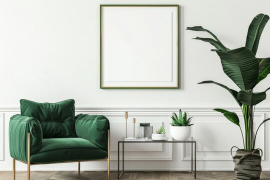 Interior design with green chair, table, plant, and picture frame in building