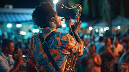 A saxophonist back turned blowing into instrument with passion and skill while the audience cheers and claps along to the infectious . . - 772678307