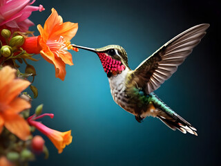 A hummingbird with colorful feathers hovering near a beautiful flower 