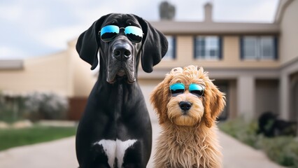 Great Dane and Goldendoodle dogs best friends wearing sunglasses - obrazy, fototapety, plakaty