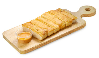 Cheese bread sticks with dipping cheese, Butter bread sticks isolated on woonden plate on white background. Salted bread stick isolated on white with clipping path.