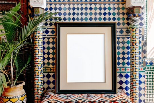 A wooden rectangle picture frame on a table in front of a colorful tiled wall