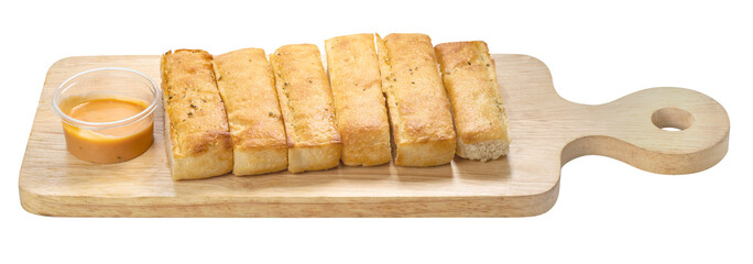 Cheese bread sticks with dipping cheese, Butter bread sticks isolated on woonden plate on white...