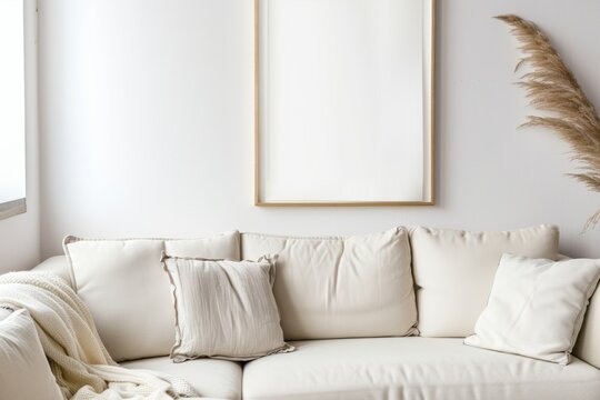 Living room with white couch, pillows, picture frame on wall