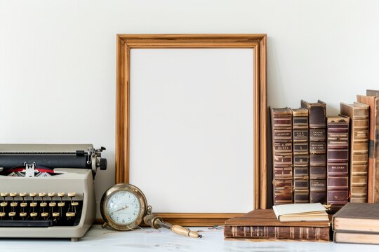 Analog watch, clock, books, and picture frame on a hardwood table
