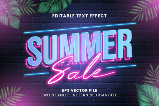 Summer sale retro vintage neon glow vector text effect