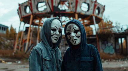 A pair of mysterious figures stand in front of a rundown funhouse backs to the camera and faces hidden by oversized masks. . .