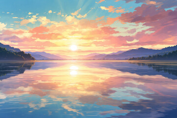 Reflection of sunlight on a wide lake at sunset. In anime style