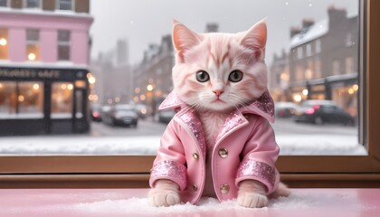 Pastel pink baby cat wearing glitter pink jacket sitting in a cafe , pink luxury cafe theme ,...