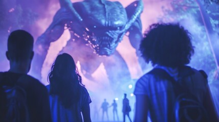 In a moment of wonder and fear a group of humans turn their backs to the camera and face a colossal extraterrestrial creature its . .