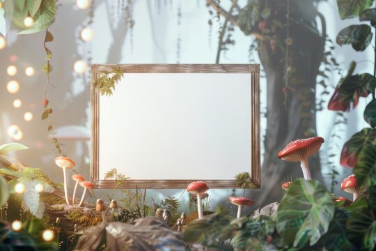 Picture frame surrounded by terrestrial plants and mushrooms in a forest