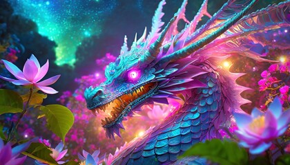 closeup of a fierce dragon with an inner glow of purple, pink, teal, blue lighting its scale.jpg, Firefly closeup of a fierce dragon with an inner glow of purple, pink, teal, blue lighting its scale