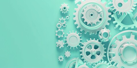 An animated graphic depicting industrial work in motion, featuring gears and machinery set against a mint green backdrop
