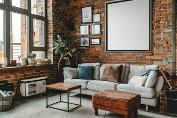 Living room with a cozy couch, coffee table, ottoman, and rustic brick walls