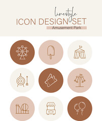 Linestyle Icon Design Set Amusement Park