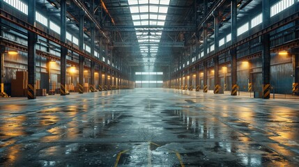 Vast warehouse interior a canvas of industrial modernity - obrazy, fototapety, plakaty