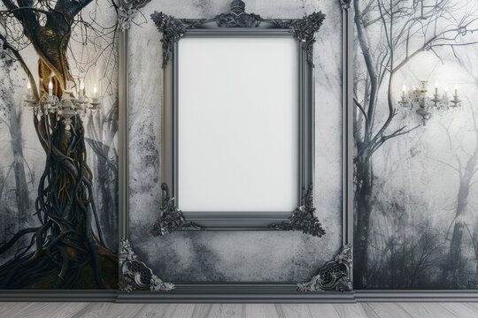 a room with a picture frame on the wall and trees on the wall