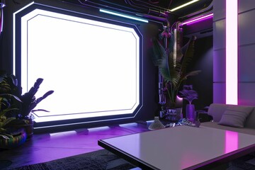 Interior design with a violet screen for entertainment in living room